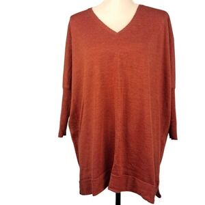 EILEEN FISHER S 100% Merino Wool V-Neck Oversize Slouchy Sweater 3/4 Sleeve Rust